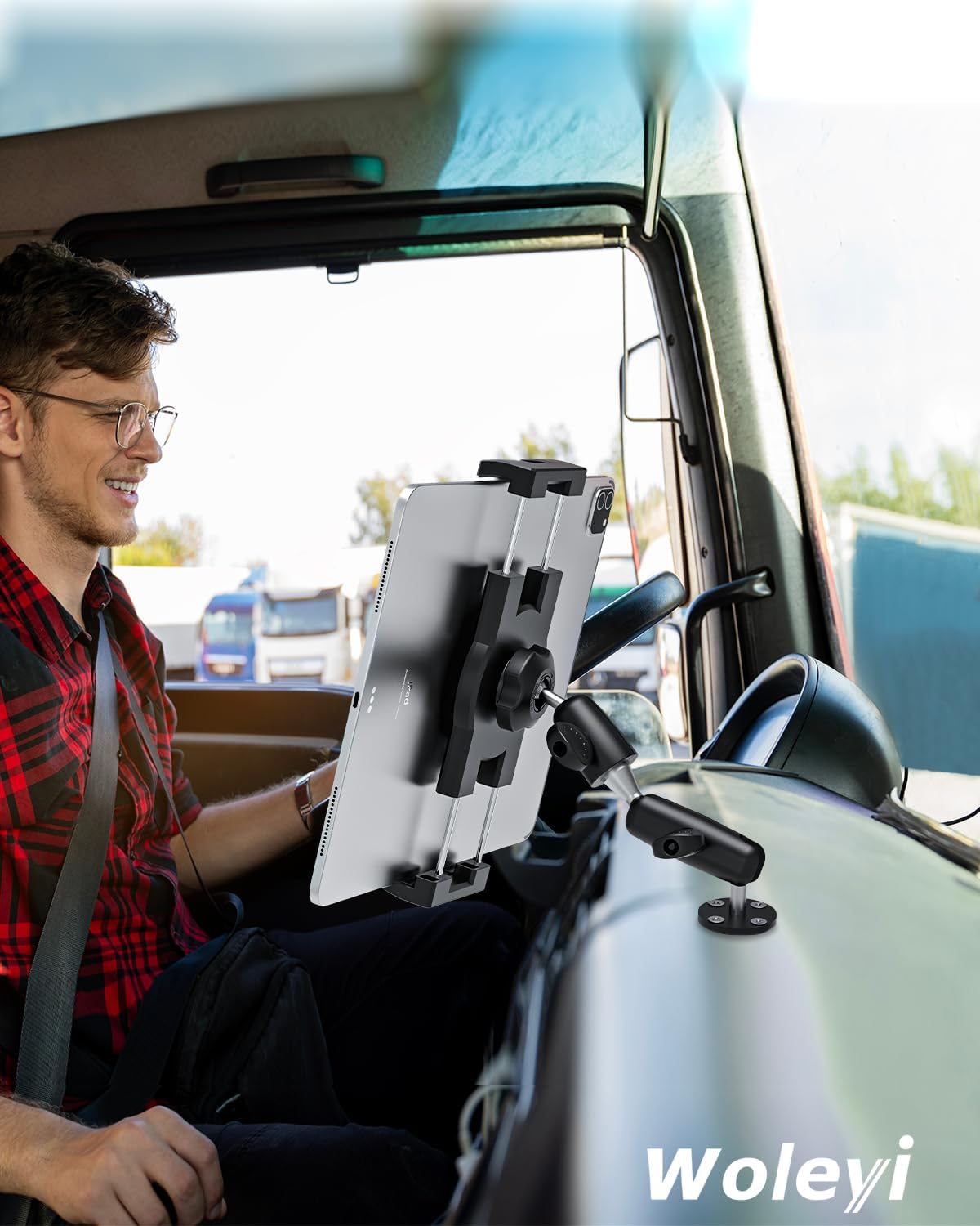 woleyi Aluminum Drill Base Tablet Holder for Car Dashboard - [360° Adjustable 2-Stage Arm] Heavy Duty Tablet Mount for Truck Car Mount Wall Desk, for iPad Pro/Air/Mini/Galaxy Tab/Z Fold, 4-13" Devices