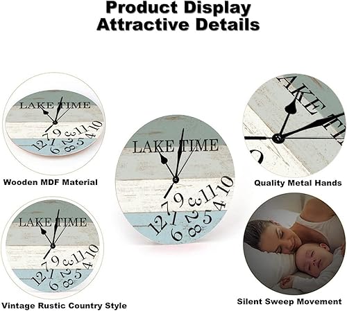 Miniatura 5 de Reloj de pared para dormitorio, reloj de madera Lake Time, funciona con pilas, reloj de pared sin tictac de 15 pulgadas, reloj redondo para baño al
