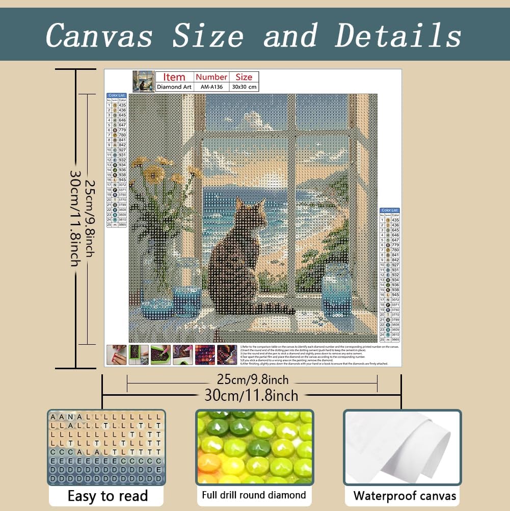 AMORARS Cat Diamond Art Kits for Adults - 5D Diamond Painting Kit - Diamond Dot Full Rond Gem Art, Beginner DIY Gifts Home Decoration Crafts, 12x12Inch