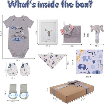 Baby Boy Gifts New Born Gift Basket Baby gift Essential Stuff with Rattle Swaddle Blanket Bib Socks Mittens Frame Bodysuit Elephant Towel
