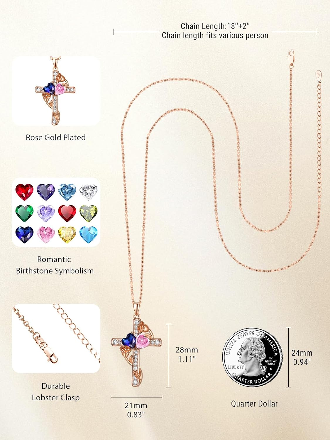 Rose Gold Dual Birthstones Cross Necklace for Women Rose Flower Jewelry Anniversary Christmas Mother's Valentine's Day Birthday Gift for Wife Girlfriend Mom