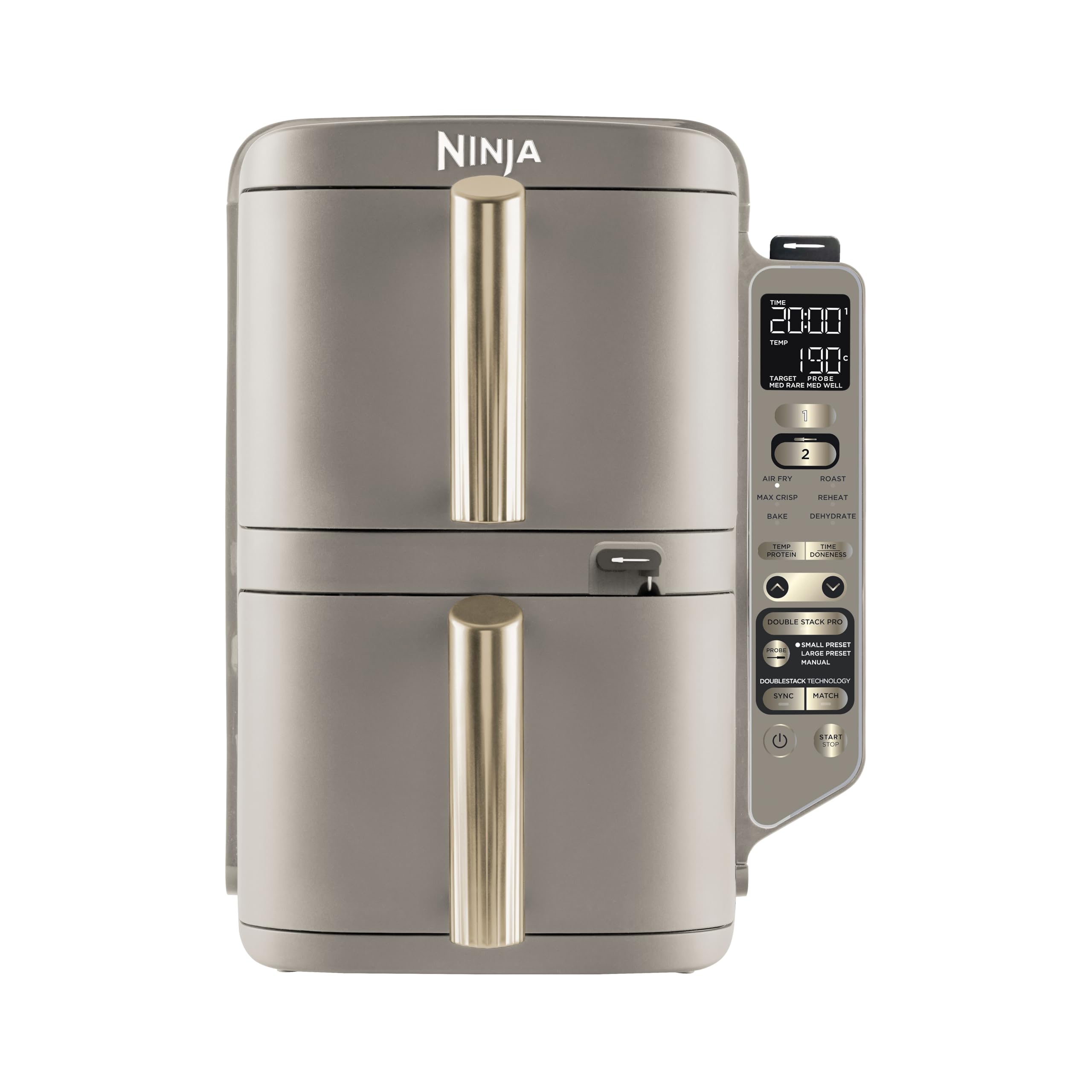 Ninja Double Stack XL-Heißluftfritteuse mit digitalem Bratenthermometer und 2 vertikalen Schubladen, 4 Ebenen, und 2 Rosten, 9,5 l Fassungsvermögen 6 Funktionen, 8 Portionen, Steingold SL451EUSD