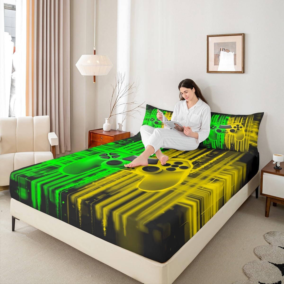 Erosebridal Game Fitted Sheet for Boys' Rooms - Gamer Bed Sheets Full Size for Kids Teens,Mens Gaming Sheets for Toddler Child Game Room Decor with Deep Pocket,Yellow Green