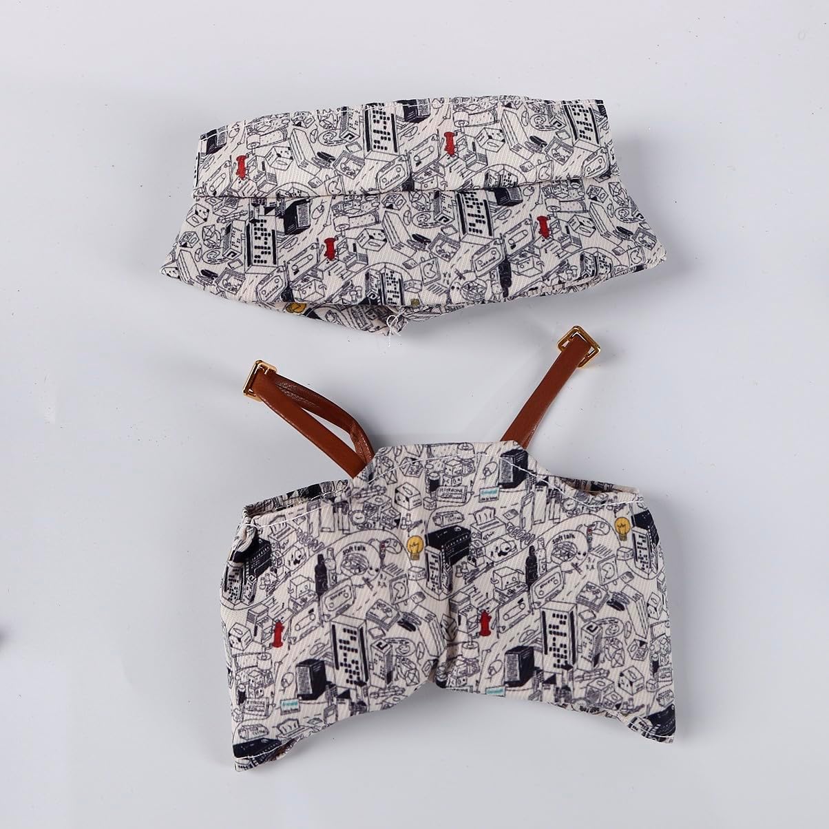 Compatible with Labubu 15cm/17cm (NO Doll Included) - Vintage City Print Hat & Brown Straps Overalls Set, Doll Outfit Accessories