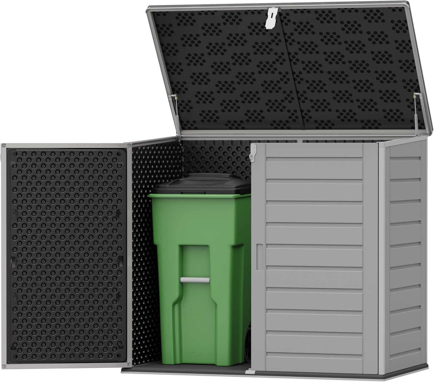 Outdoor Storage Shed, Horizontal Trash Can Storage for 2 Bins, 304 Gallon Double-Wall Resin Garbage Shed with Wood-Grain Texture, Smooth Lift Pistons & Anti-Collision Corners, Grey