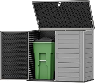 Outdoor Storage Shed, Horizontal Trash Can Storage for 2 Bins, 304 Gallon Double-Wall Resin Garbage Shed with Wood-Grain Texture, Smooth Lift Pistons & Anti-Collision Corners, Grey