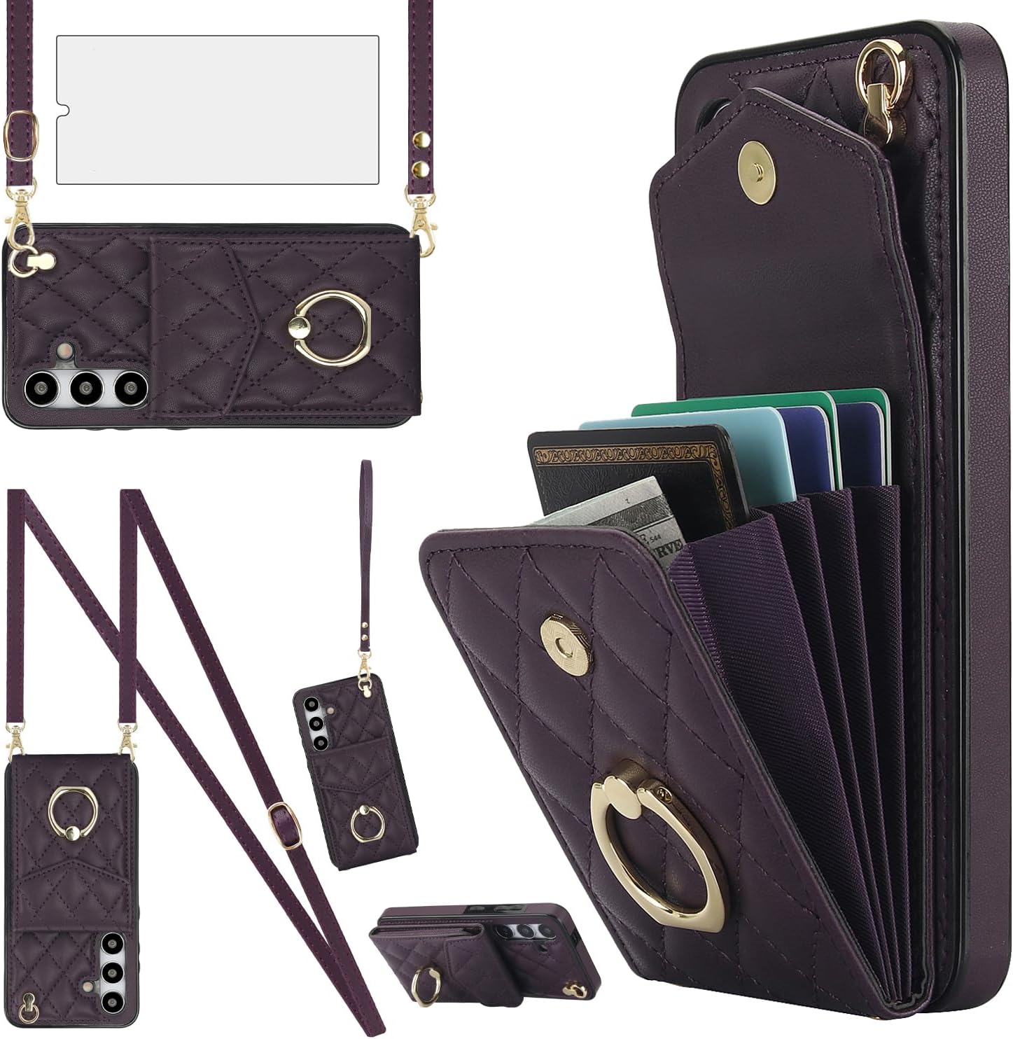 Phone Case for Samsung Galaxy S25 Ultra 5G Wallet Cover with Tempered Glass Screen Protector Wrist Strap Ring RFID Blocking Card Holder Cell S25Ultra 25S S 25 25Ultra 6.9 2025 Women Girls Dark Purple