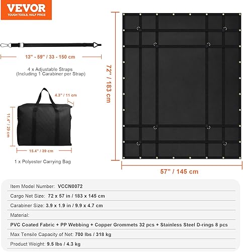 Vista 16 de VEVOR Red de carga de 4.2 x 5.5 pies con hebillas de leva y ganchos en S, red de carga cruzada de 50 x 66 pulgadas, redes de carga resistentes