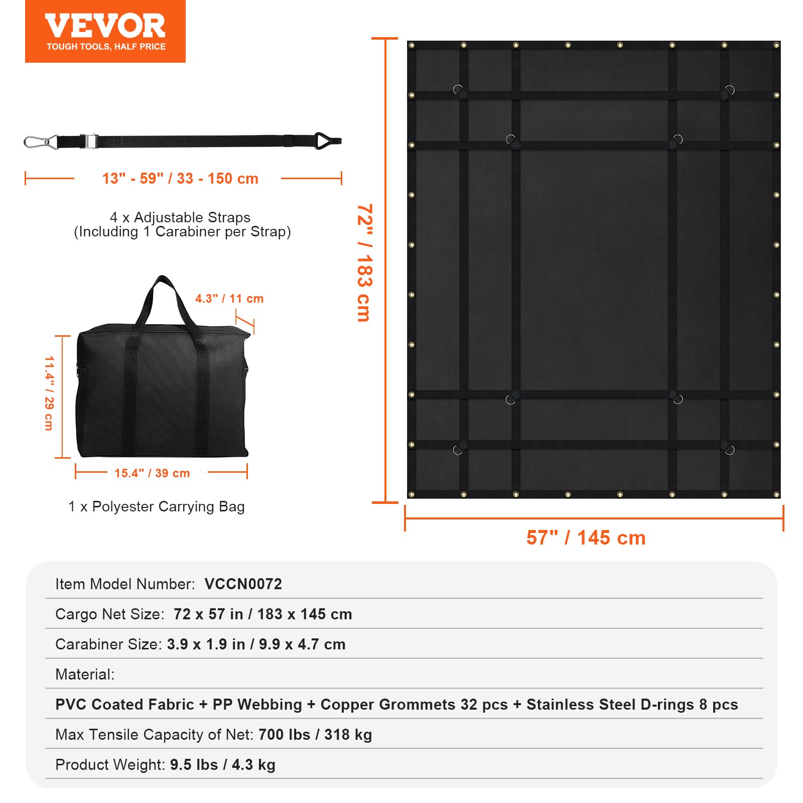 VEVOR Frachtnetz, 183 x 145 cm, LKW-Ladungsnetz für die Ladefläche, 4 verstellbare Gurte mit Karabinern und gummibeschichteten Haken, langlebig, geeignet für Pickup, Jeep, LKW, SUV, Boot (schwarz)