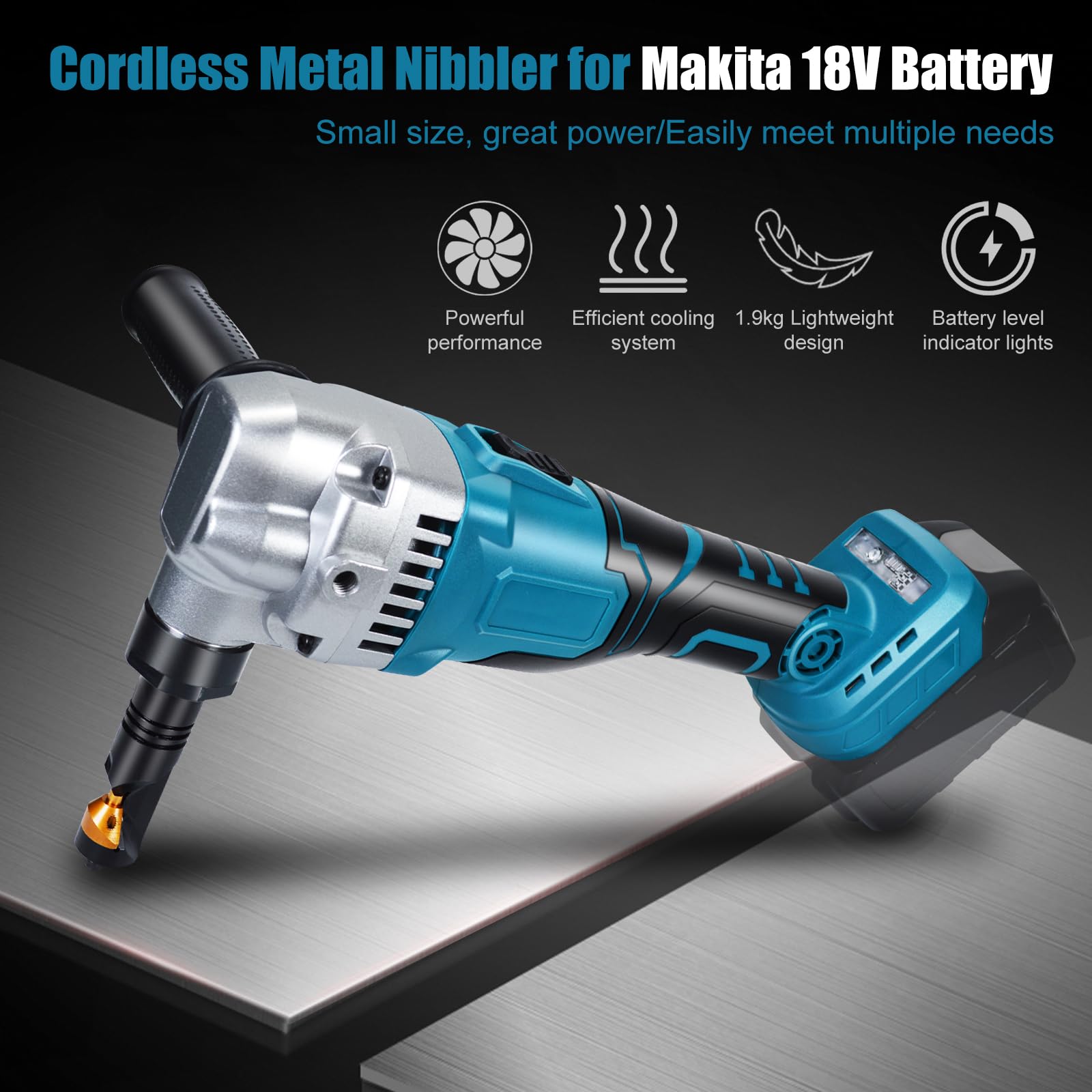 Grignoteuse de Métal Sans Fil Compatible Makita 18V, Cisaille à Métaux Électrique Sans Balais 3 Étages pour Acier Inoxydable, Aluminium