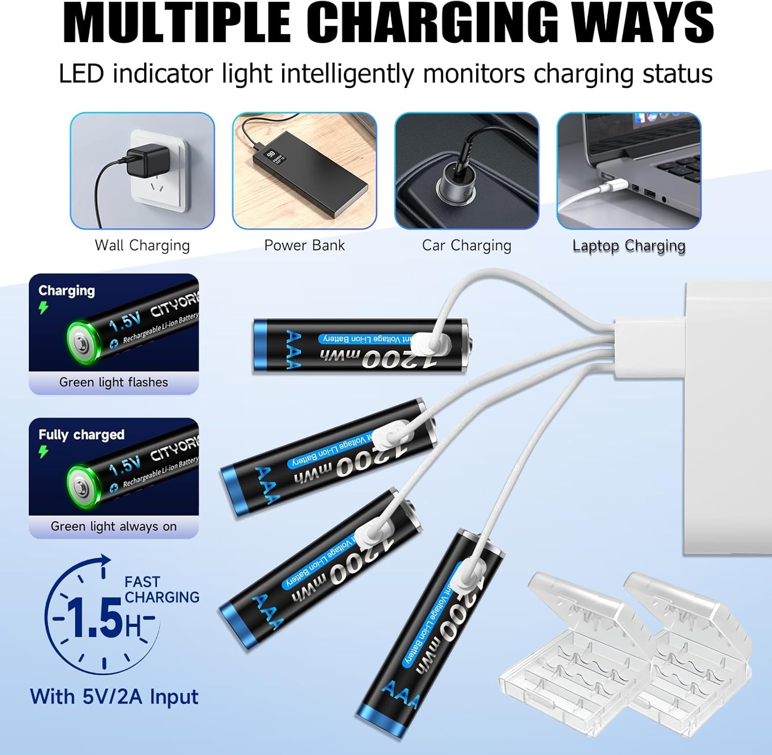 CITYORK Type-C USB 1.5V 8 Pack AAA 1200mWh Lithium Rechargeable Battery, 1.5V Constant Output, 2H Fast Charging Triple A Batteries, LED Charging Indicator (Include 2 * 4 in 1 USB Cable)