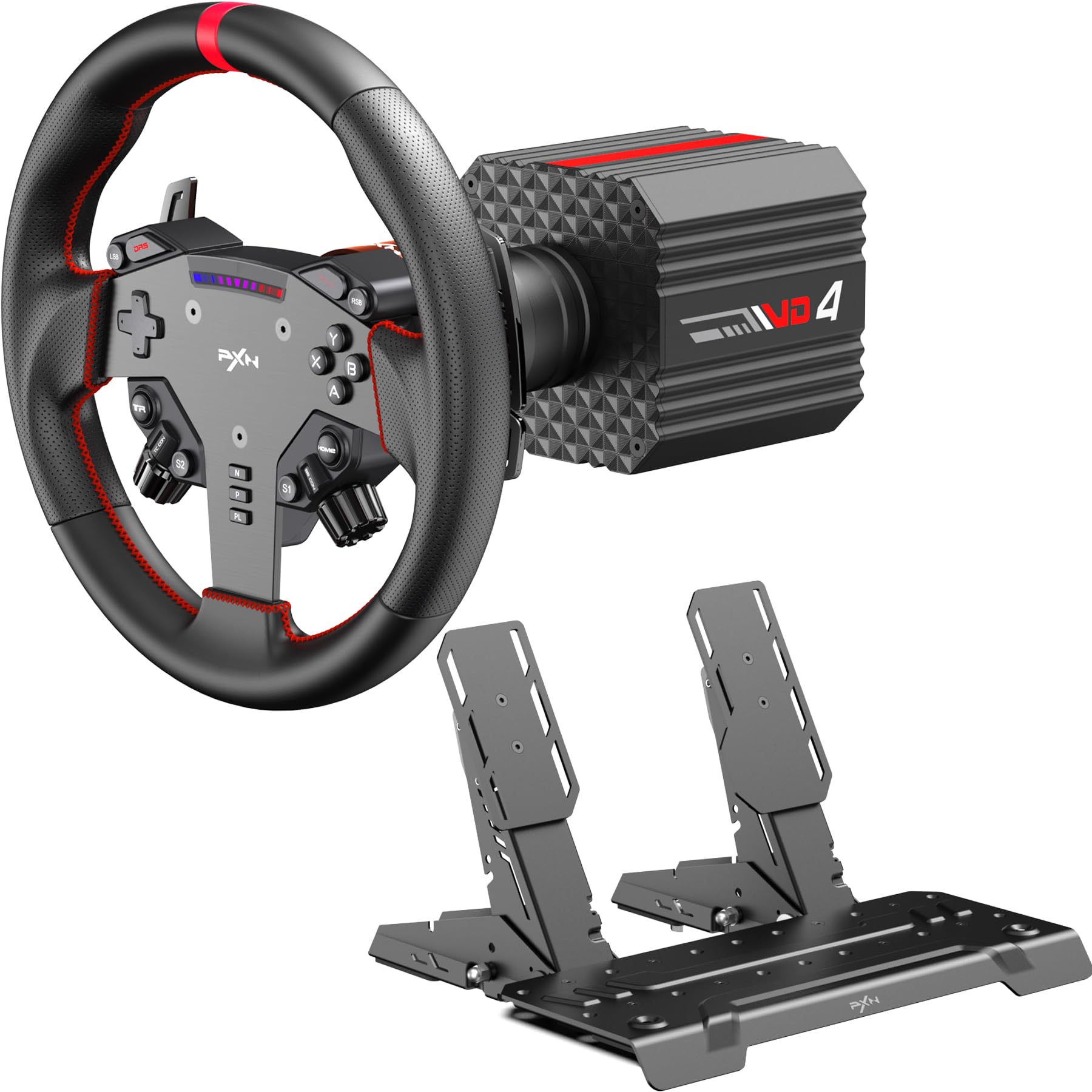 PXN VD4 Bundle F – PC Sim Racing Setup with 4Nm Direct Drive Servo Motor Base, 11-Inch W AS Racing Wheel & PD HM Brake & Throttle Pedals – Force Feedback Steering Wheel for PC Windows 7–11