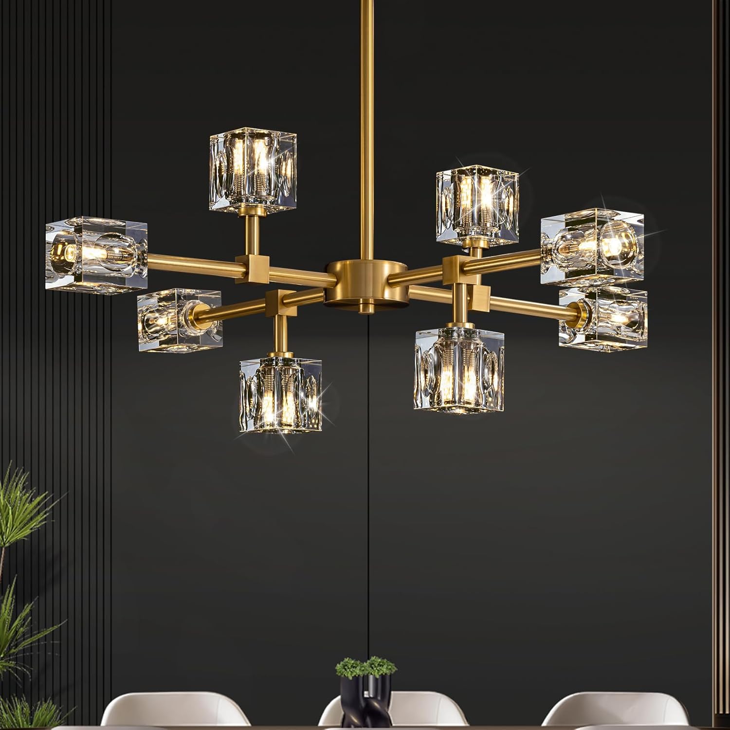 Sputnik Chandeliers for Dining Room Light Fixture, Modern Crystal Chandelier, 8-Lights Gold Semi Flush Mount Ceiling Light for Living Room Bedroom, Dining Room,Kitchen Island