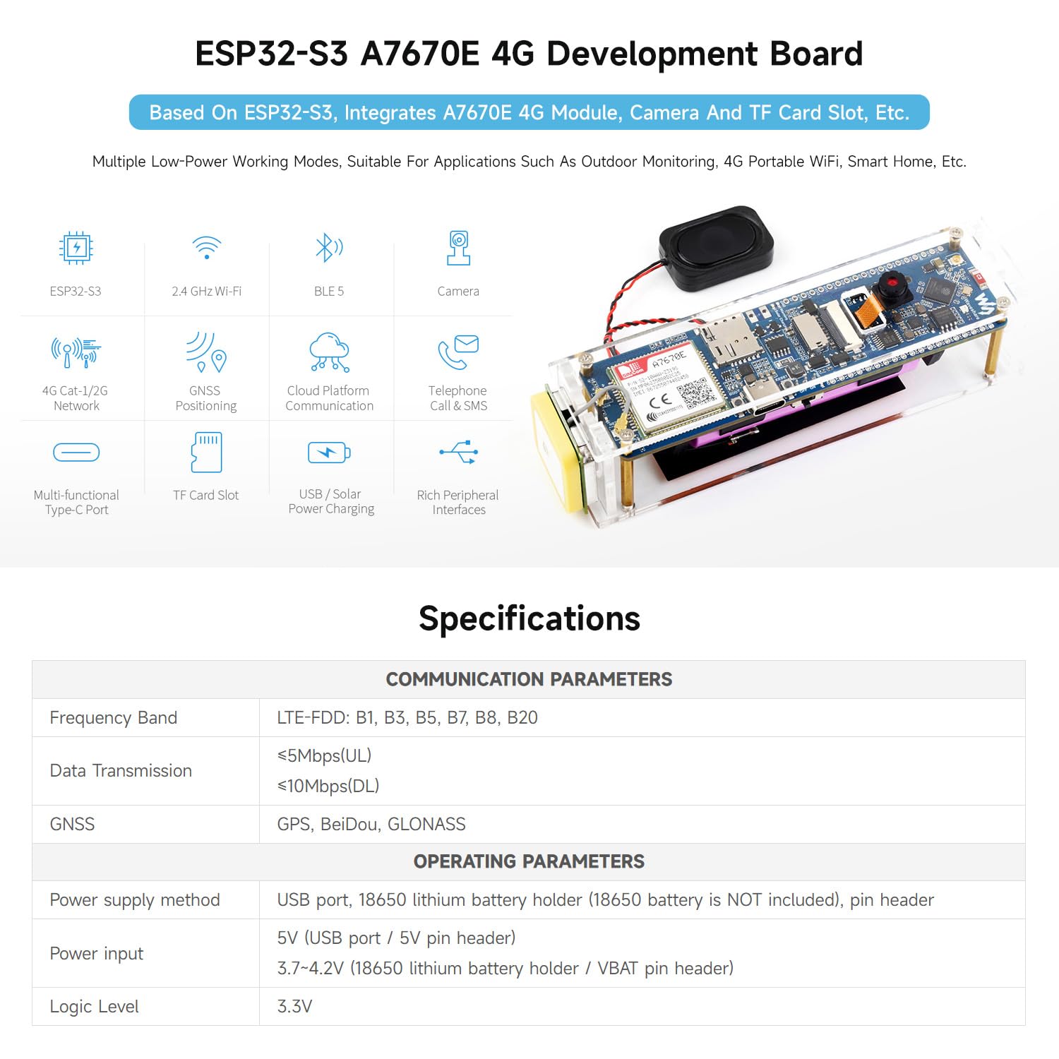 Waveshare ESP32-S3 A7670E 4G Development Board, LTE Cat-1 / 2G / WiFi/BT/Telephone Call/SMS/GNSS Positioning Support, Suitable for 4G Portable WiFi, Onboard Camera/Speaker/Antenna