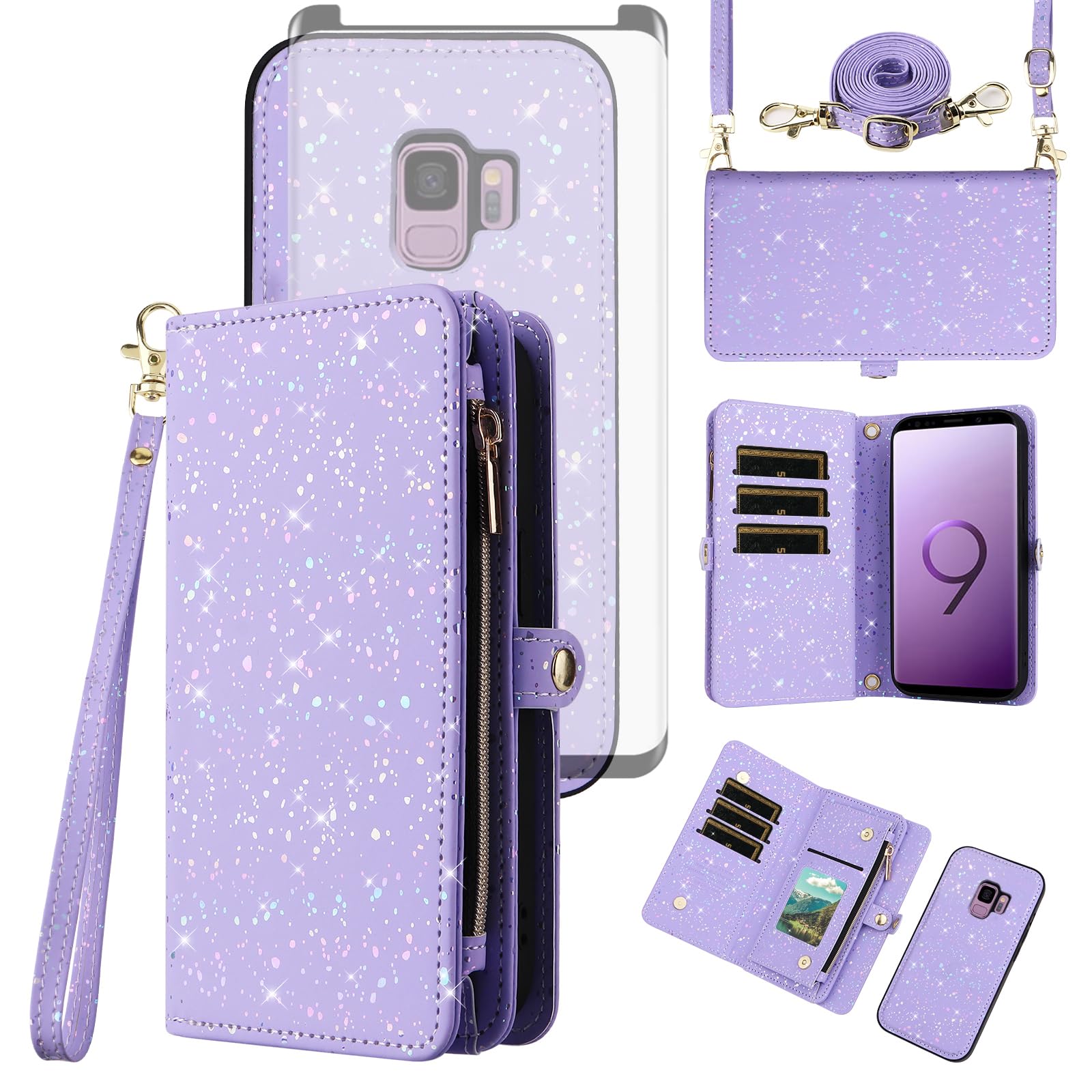 Asuwish Coque de téléphone pour Samsung Galaxy S9 Fermeture éclair Portefeuille magnétique amovible avec protecteur d'écran en verre trempé et porte-cartes à paillettes Support Accessoires cellulaires