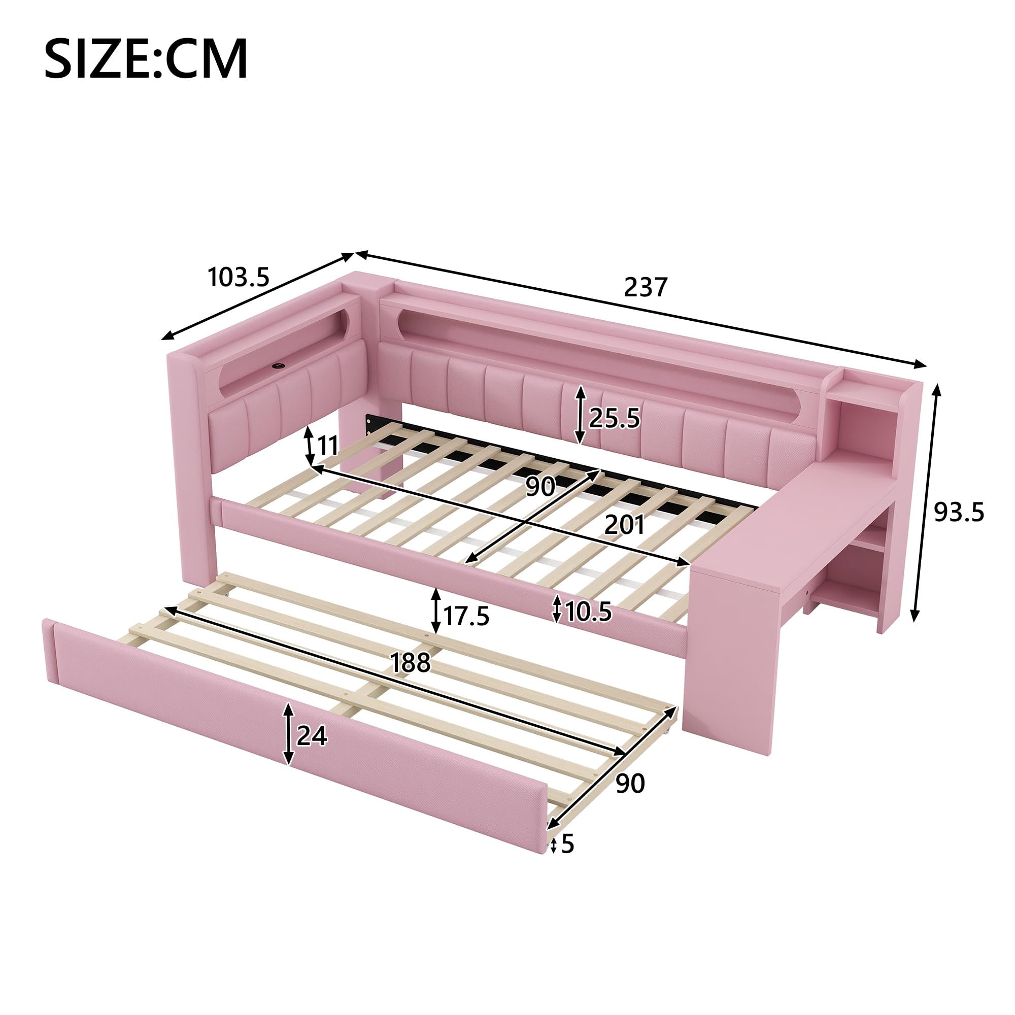 Merax Kinderbett 90x200 cm Einzelbett mit gepolstertem Kopfteil, LED-Ablagefach, Multifunktionsbett mit Schreibtisch, USB-Steckdose und Ausziehbett, Holzbett mit Lattenrost (Ohne Matratze), Rosa