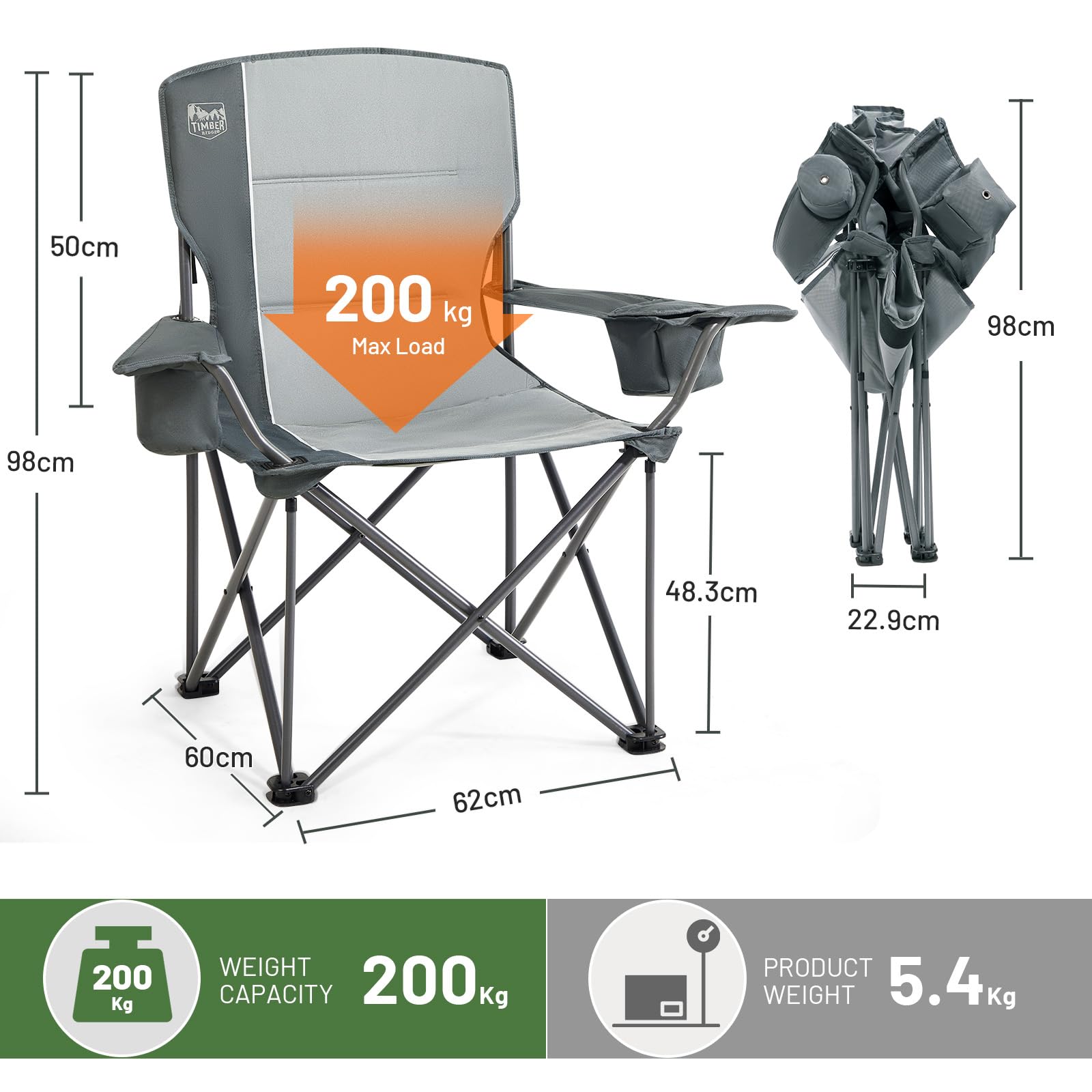 TIMBER RIDGE Campingstuhl Faltbar 200KG bergro 63cm Sitzbreit Klappstuhl  Camping Bequem Gepolster mit Isolierte Khltasche Camping Sessel Faltstuhl  Gartenstuhl Anglerstuhl : Amazon.de: Sport & Freizeit