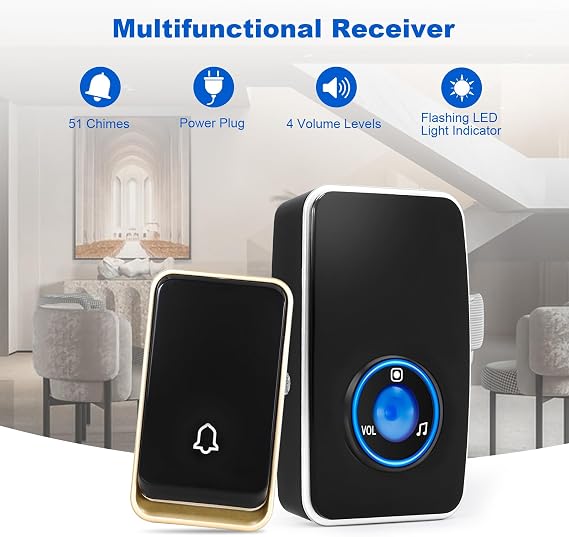 No Battery RequiredWireless Doorbell Waterproof, AURTEC Door Chime Kit with 1 Plug-in LED Flash Receivers & 2 Press Self-powered Transmitter, 51 Chimes and 4 Volume Levels, Black