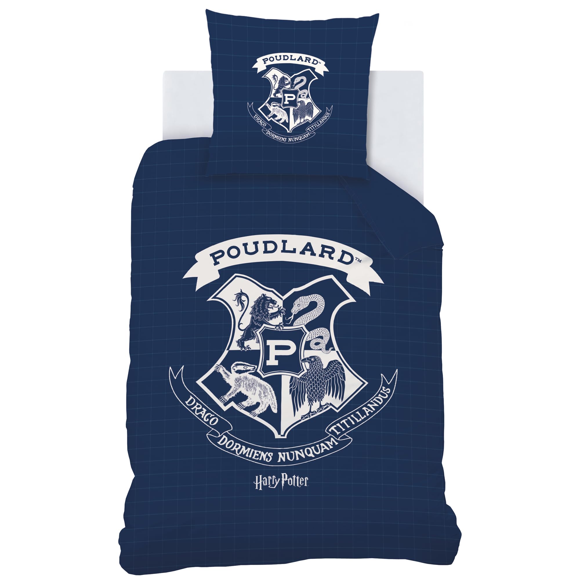 Lenzuola Harry Potter 100% Cotone – Copripiumino 140x200 + Federa 63x63 – Blu Con Stemmi Delle Case