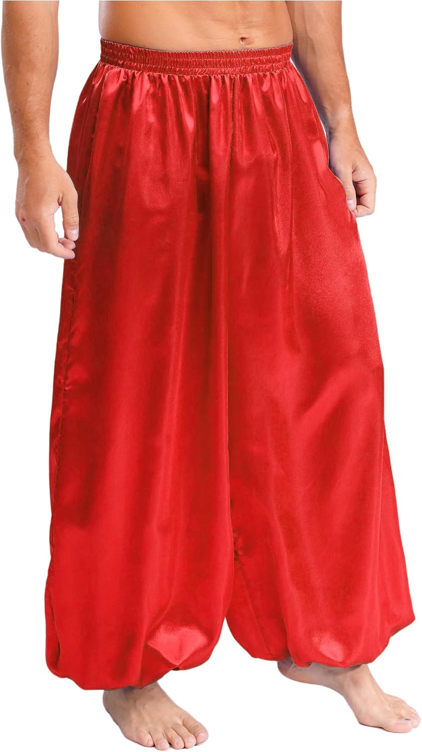Agoky Men's Arabian Prince Belly Dance Pants Silky Satin Harem Pants for Stage Performance Costume