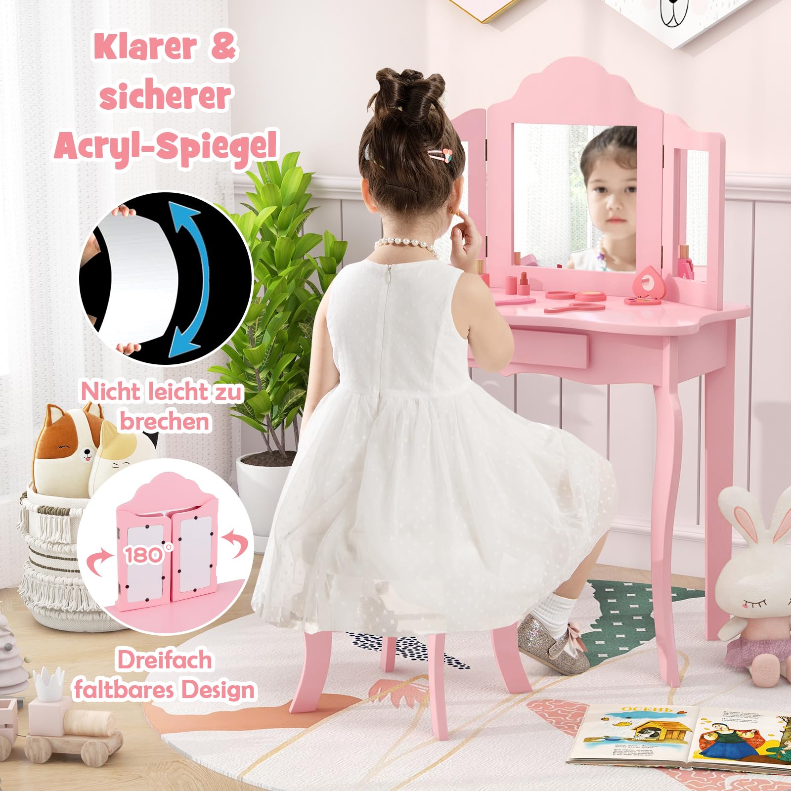 DREAMADE Schminktisch Kinder mit Hocker & Abnehmbarer Spiegel, Prinzessin Frisiertisch mit Schublade, Kinderschminktisch für Kinder Mädchen (Rosa-ohne Beleuchtung)