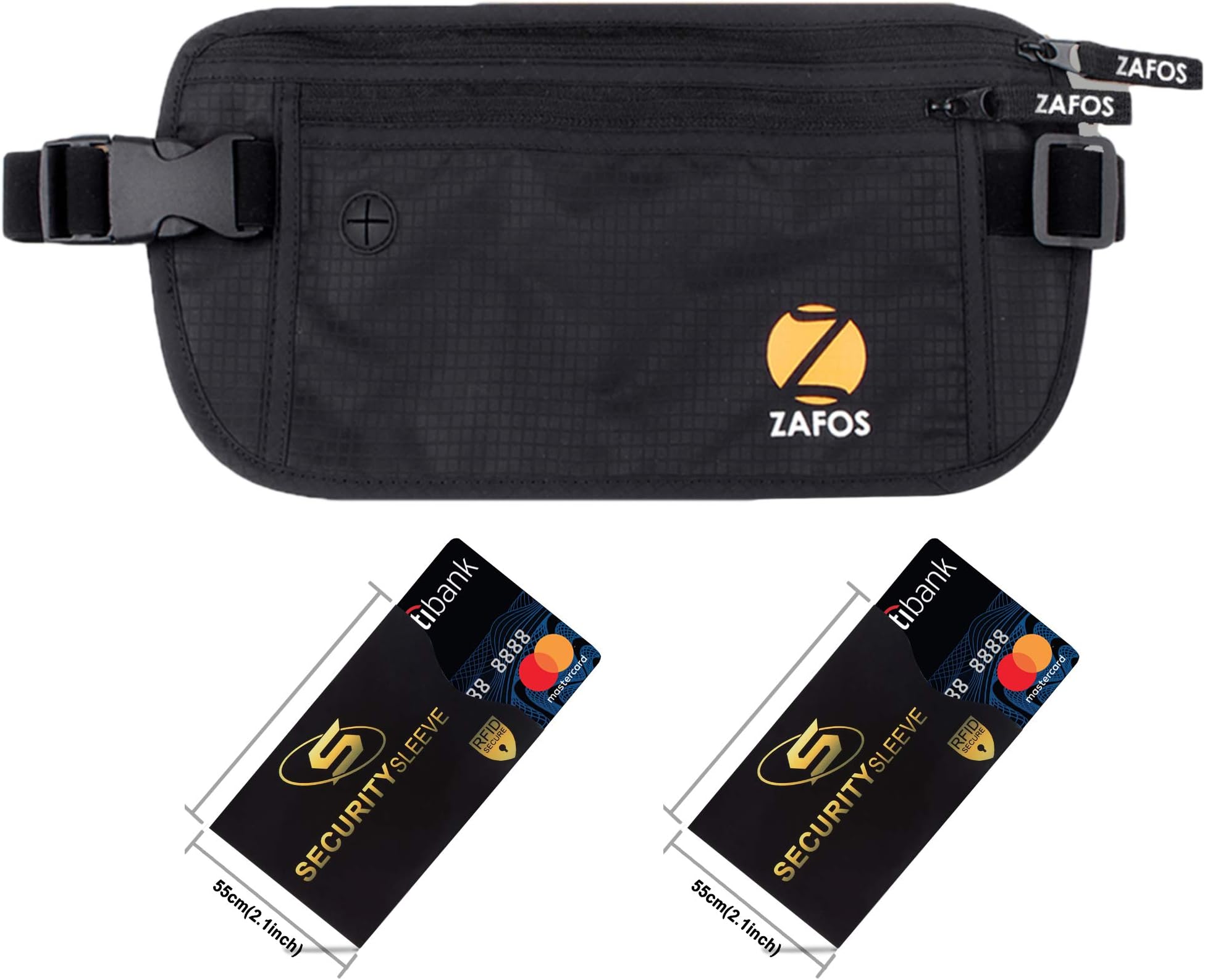 Zafos Ripston Money Belt -Travel Waist Pouch Bag with RFID Security, Includes Extra RFID Credit Card & Passport Sleeves