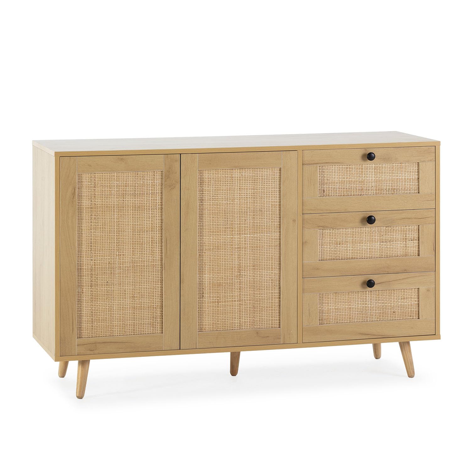HOMN LIVING Aparador Bella 3 cajones y 2 Puertas Color Roble, guías metálicas, 120 cm (Ancho) 38 cm (Profundo) 76 cm (Altura)