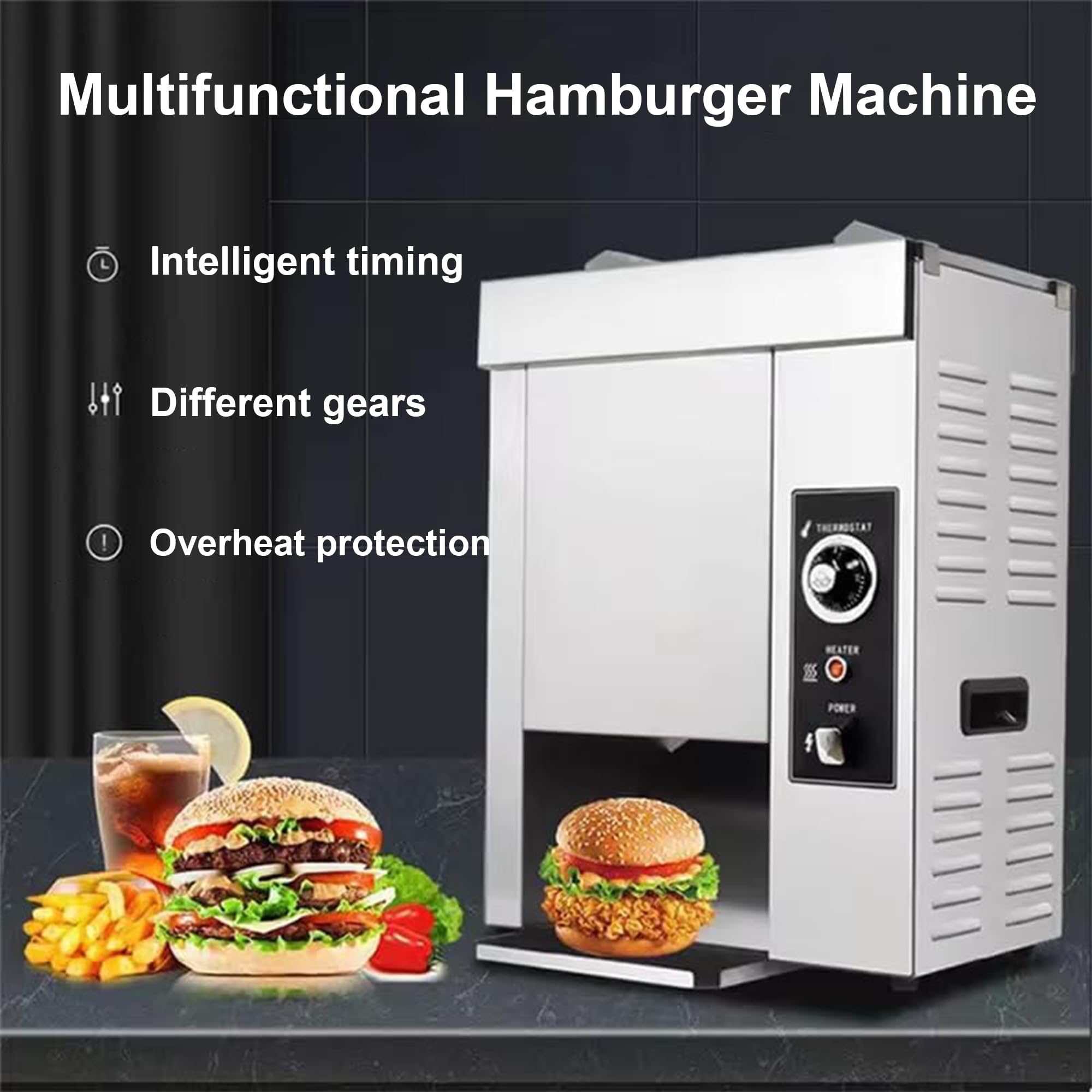 Toster z przenośnikiem, elektryczny opiekacz do hamburgerów o mocy 2000 W, automatyczny wypiekacz do chleba, timer 0-3 minuty, regulowana temperatura 50-300°C