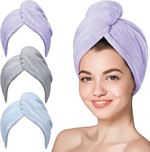 Hicober Microfiber Hair Towel Wrap for Women, Purple Blue Grey, 3-Pack