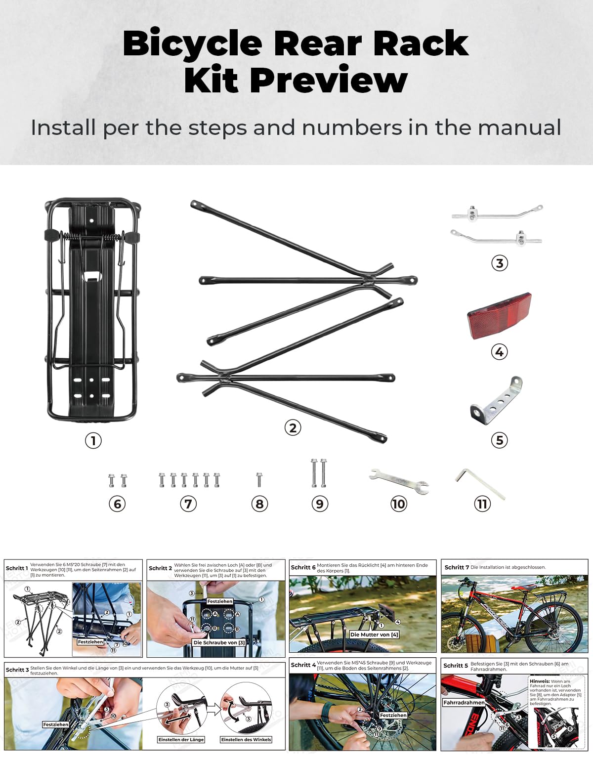 KEMIMOTO Bike Cargo Rack, Rear Bike Rack 24-27.5 in, Adjustable Length, Maximum Load 220lbs, Red Rear Reflective Light, Three-Bracket Design, Aluminum Alloy