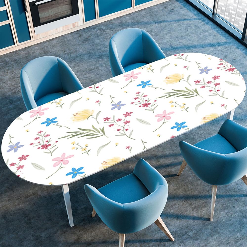 Surwin Oval Table Cover Tablecloth Protector with Elastic Edged Fitted, Non-Slip Minimalist Floral Oval Tablecloths Wipeable Resistant for Garden Dining Outdoor Party Picnic (Garden,91x152cm)