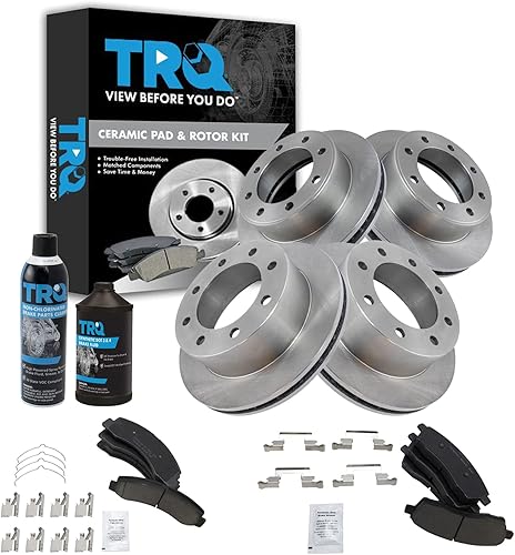 TRQ Kit de pastillas de freno delanteras y traseras y rotores Kit de productos químicos para freno, pastillas de freno de cerámica compatible con