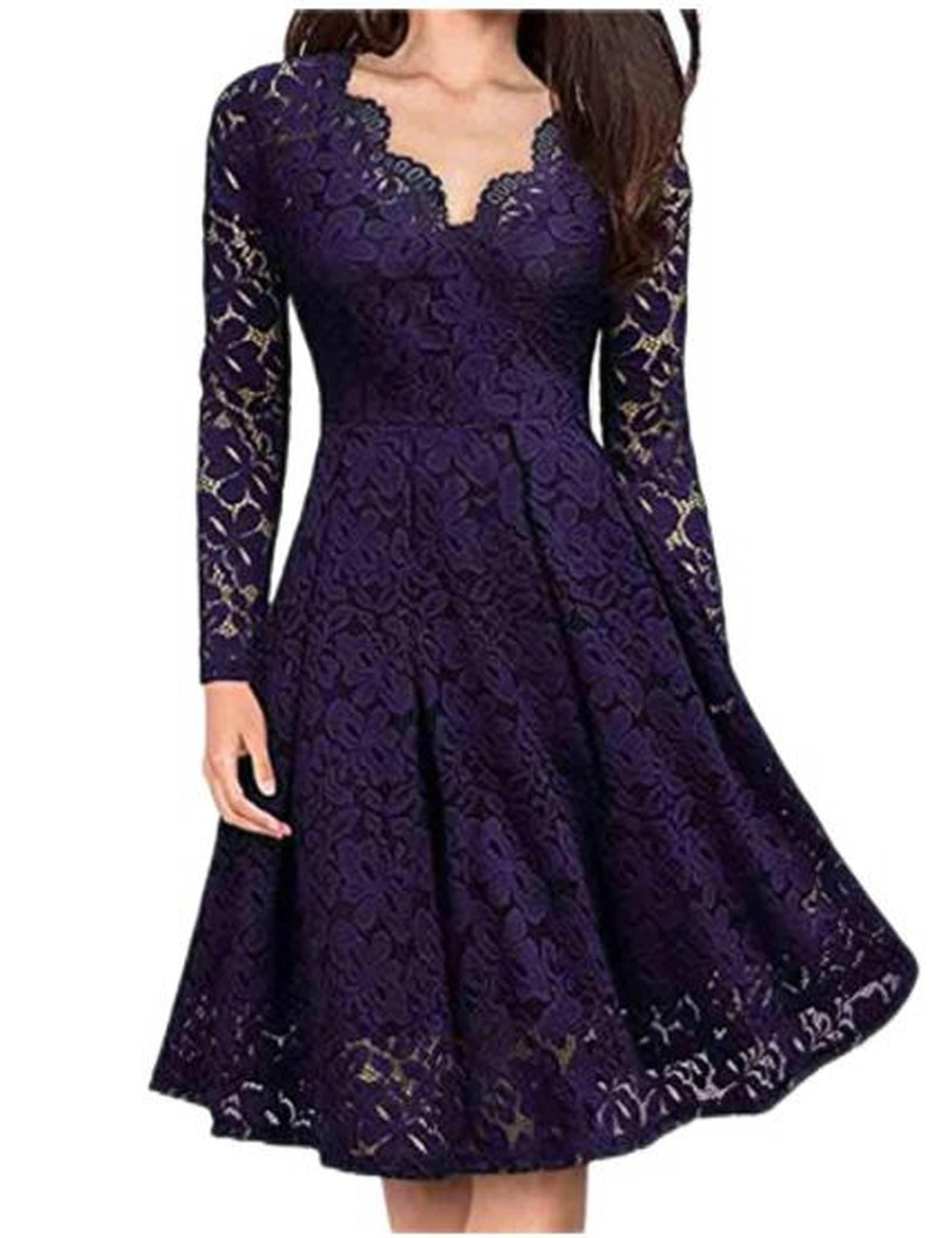 WEITING Schlankes und Elegantes, langärmeliges Party-Cocktail-Partykleid aus Spitze mit V-Ausschnitt für Damen – Grün – L