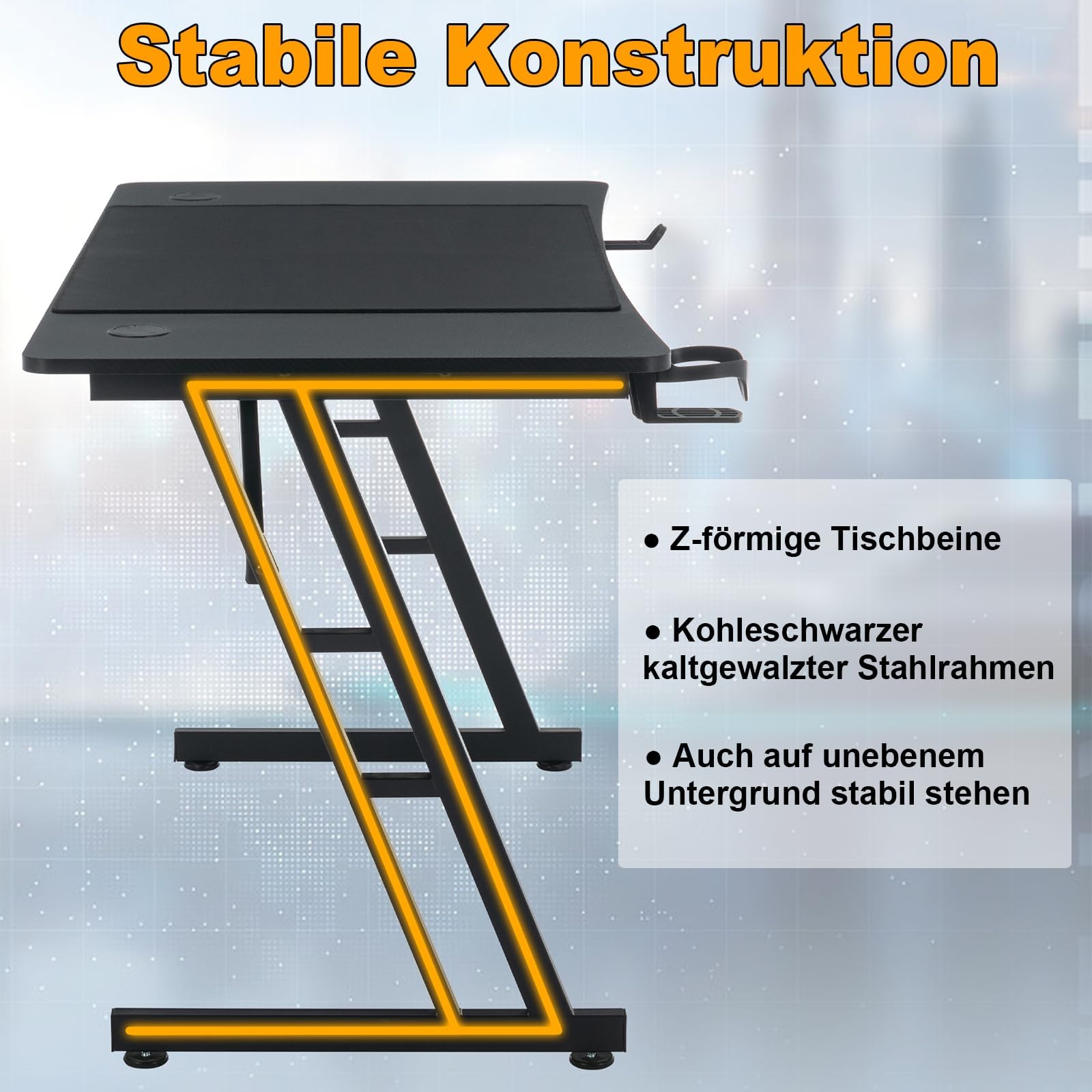 UISEBRT Mesa de gaming, mesa de ordenador para videojuegos con superficie de fibra de carbono, mesa ergonómica de hasta 150 kg, para dormitorio o oficina, 140 x 60 x 74 cm