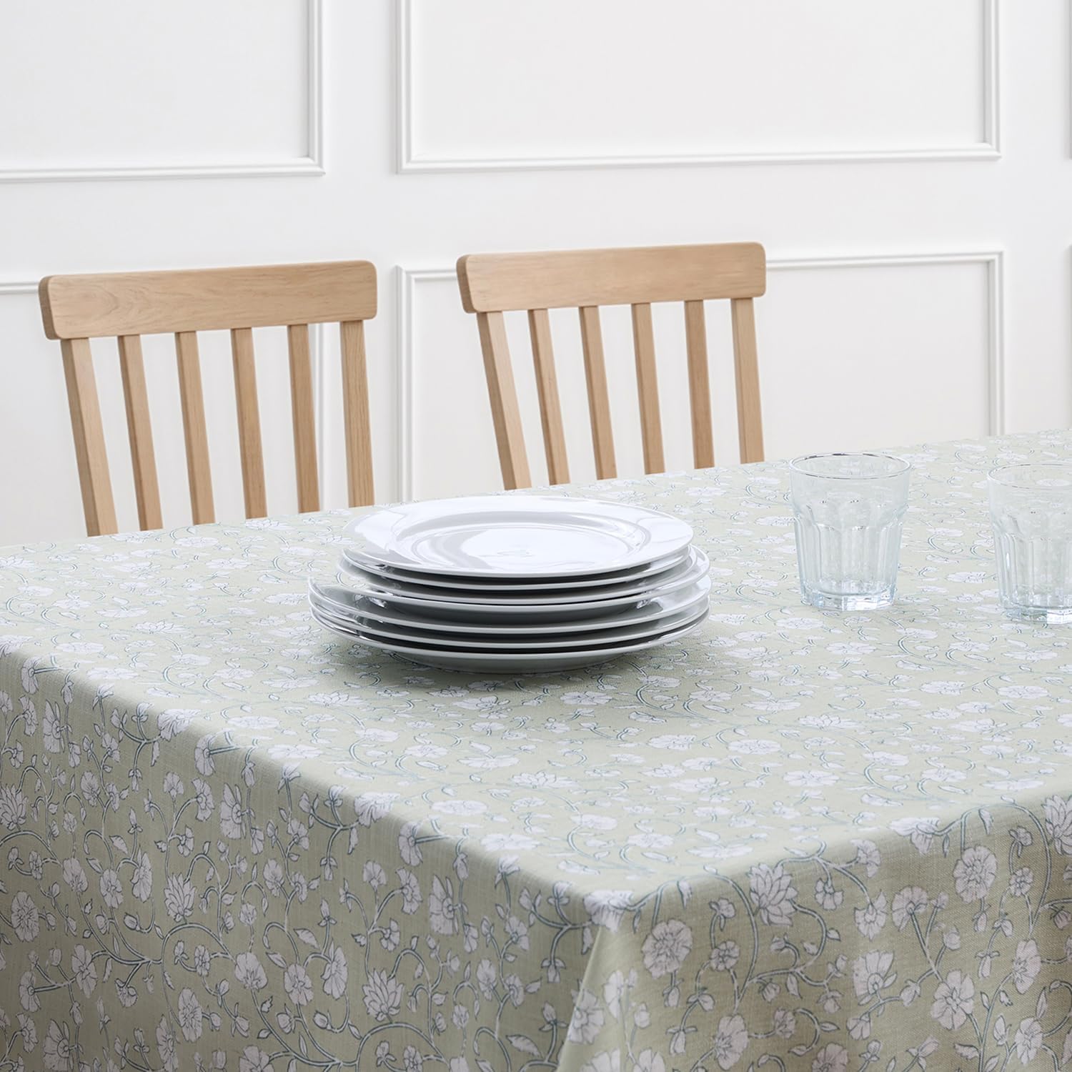 Waterproof Rectangle Tablecloth 52" x 70", Sage Green Floral Vine Linen Blend Tablecloth, Spill-Resistant French Country Table Cover for Dining Table, Buffet, Party