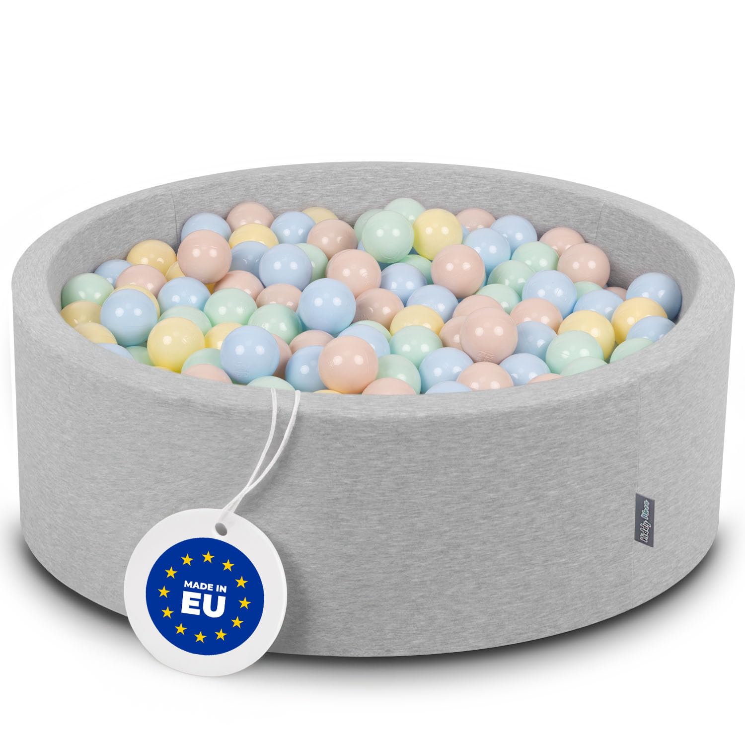 KiddyMoon 90X30cm/200 Balls ∅ 7Cm / 2.75In Baby Foam Ball Pit Made In EU, Light Grey:Pastel Beige/Pastel Blue/Pastel Yellow/Mint — image 1