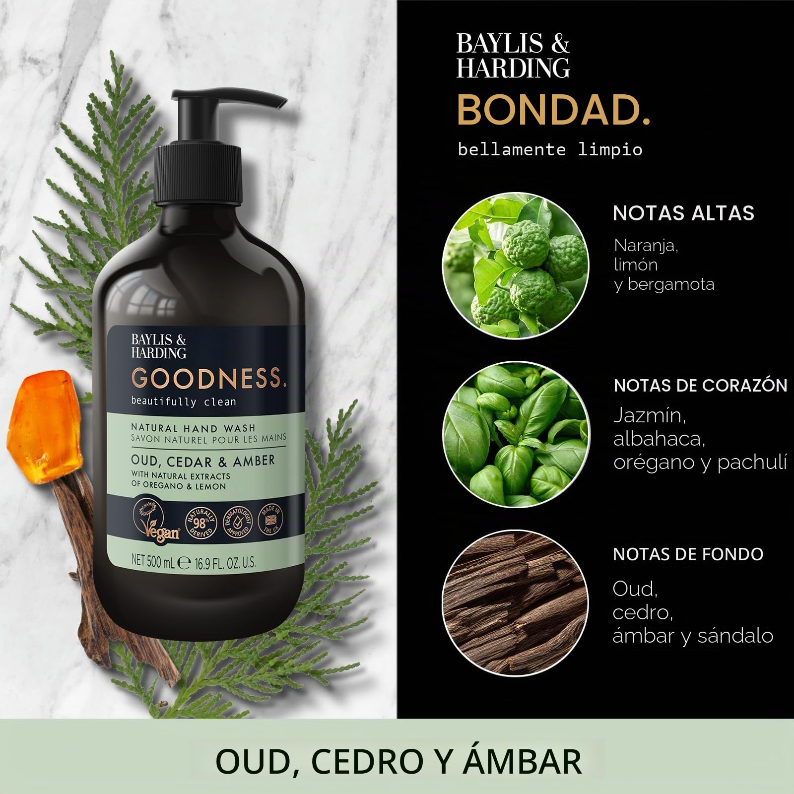 Baylis & Harding GRHWOCA Goodness Oud, Cedro y Ámbar, Lavado de Manos de 500 Ml, Paquete de 3, Apto para Veganos