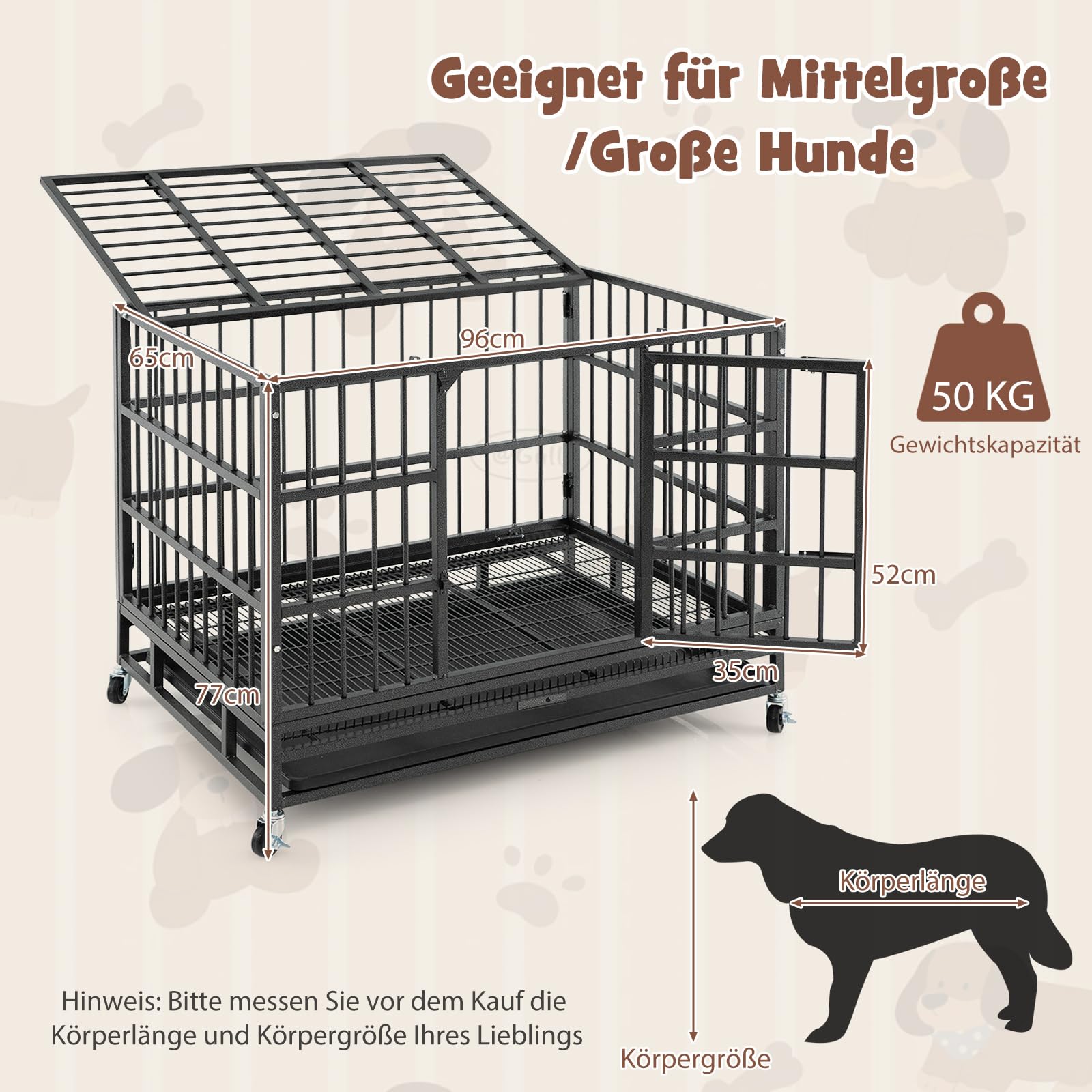 COSTWAY Hundekäfig faltbar mit 2 Türen, Transportkäfig mit Rollen & ausziehbarem Tablett, Transportbox Haustierkäfig Metall, Hundebox für große & mittelgroße Hunde, schwarz (96 x 65 x 77 cm)