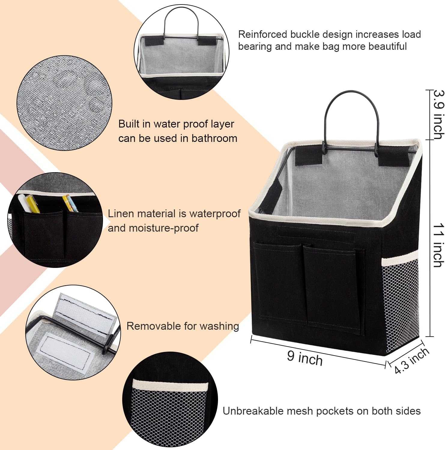 LYroo 2 Pack Black Wall Hanging Storage Organizer Basket with Pockets for Bathroom Bedroom Kitchen Dorm Room Essentials Rv Storage and Organization
