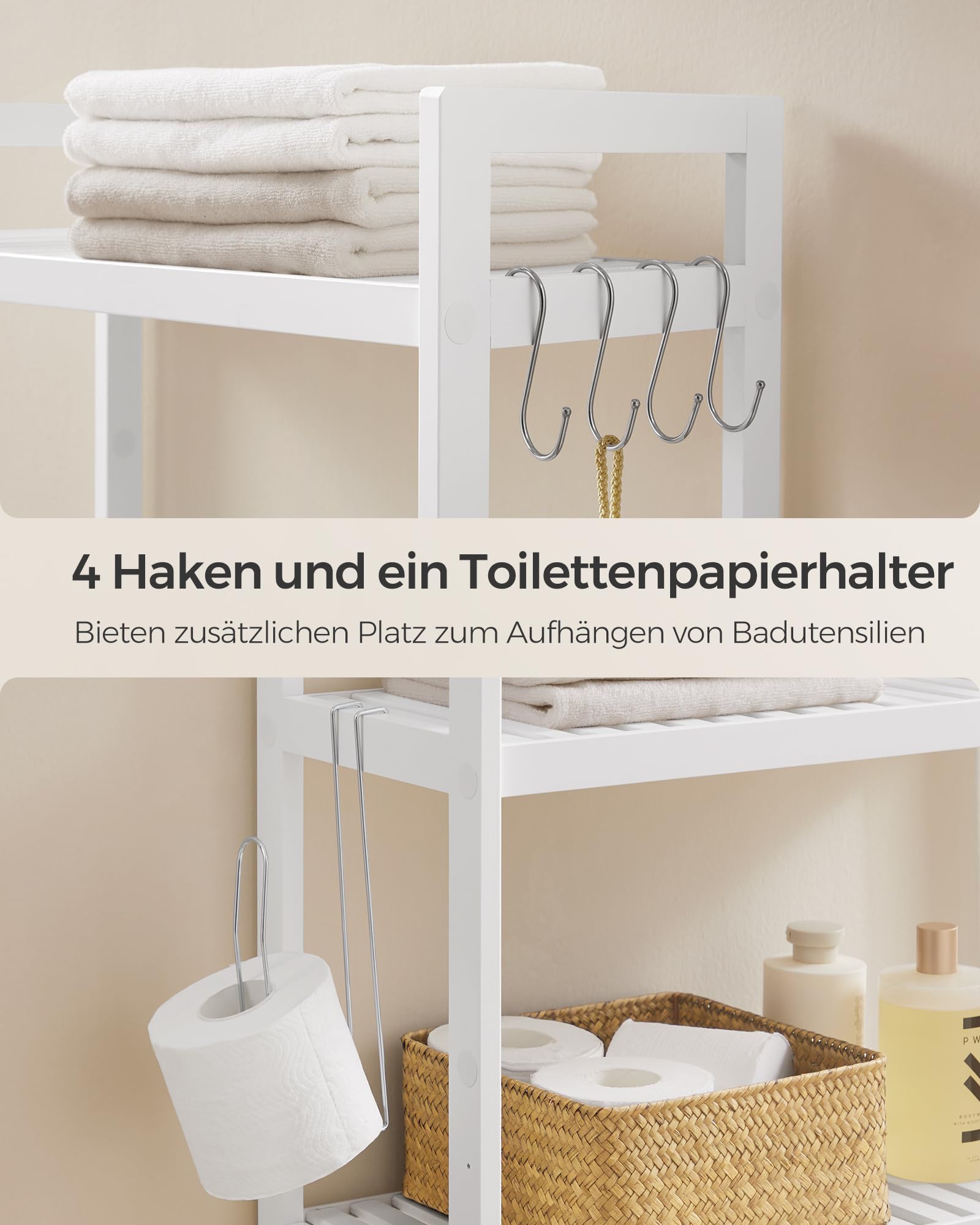 SONGMICS Badezimmerregal für über die Toilette, aus Bambus, 3 Ebenen, Organizer für das Badezimmer, mit verstellbaren Einlegeböden, Belastung 15 kg/Ebene, einfache Montage, Weiß BTS01WT