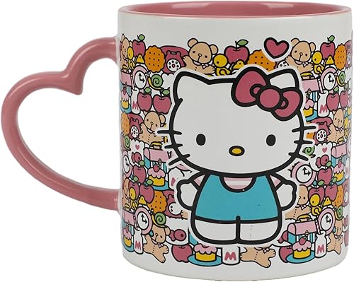 Bioworld Hello Kitty Taza con mango en forma de corazón rosa, taza de cerámica de 16 onzas