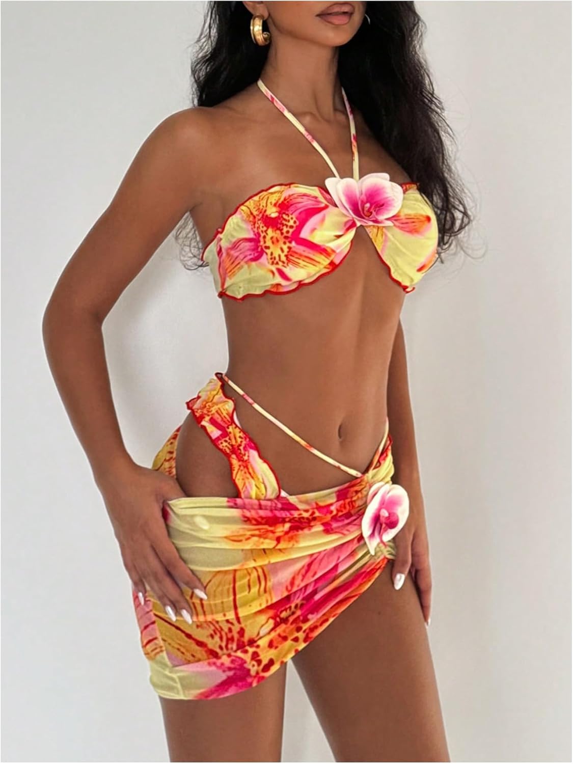 SOLY HUX Women's 3 Piece Swimsuit Floral Halter Bikini Set Beach Vacation Bathing Suit with Drawstring Cover Up Skirt - Image 3
