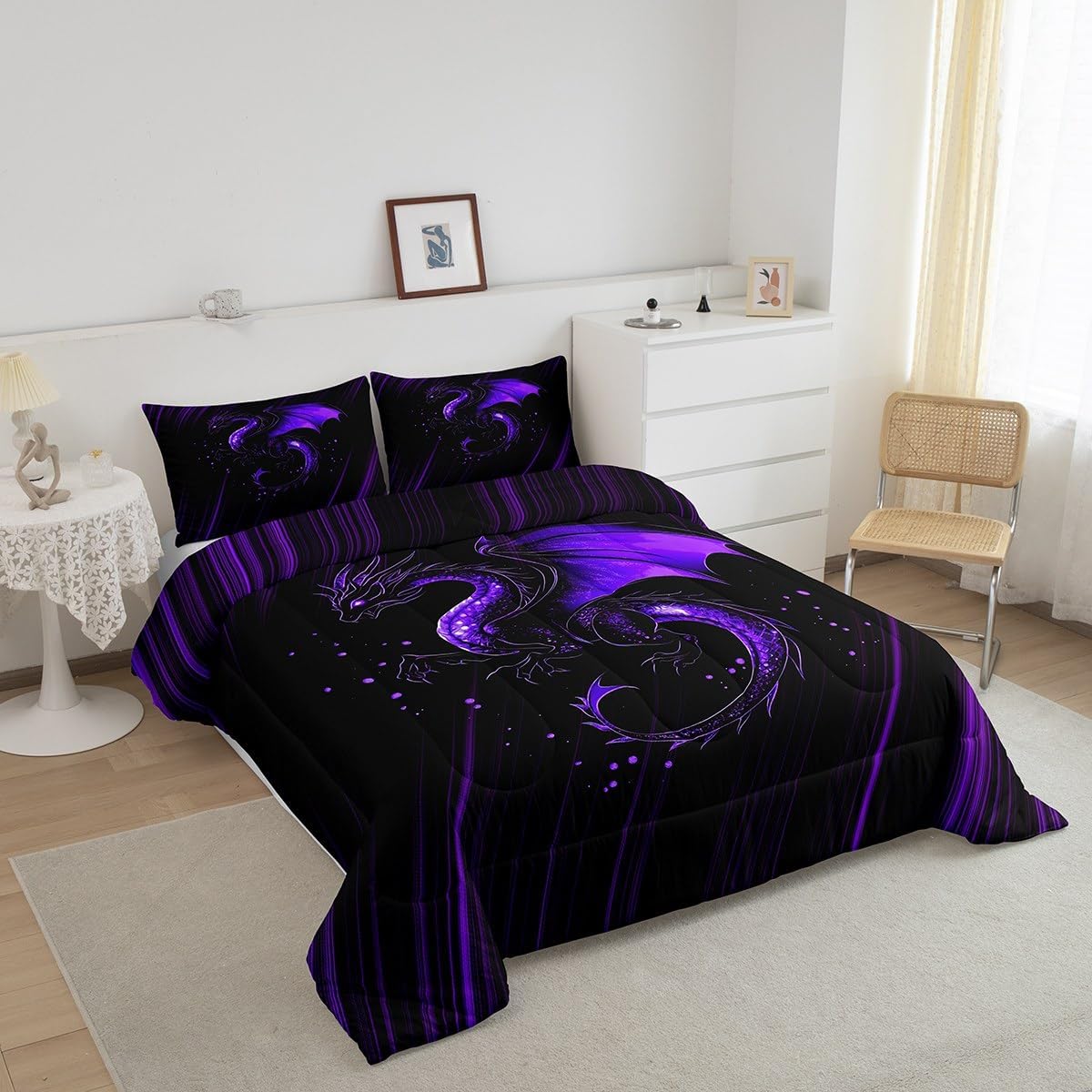 Feelyou Kids Purple Black Ombre Comforter Set Queen Size, Dragon Bedding Set Chinese Dragon Comforter for Kids Boys Girls Animal Duvet Insert Room Decor Bed Set 3Pcs