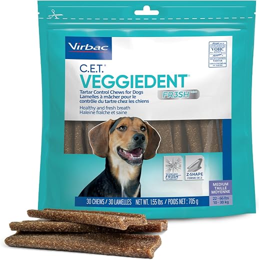 Virbac CET Veggiedent FR3SH Tartar Control Chews for Dogs, Medium (Pack of 30)Beef,1.6 pounds