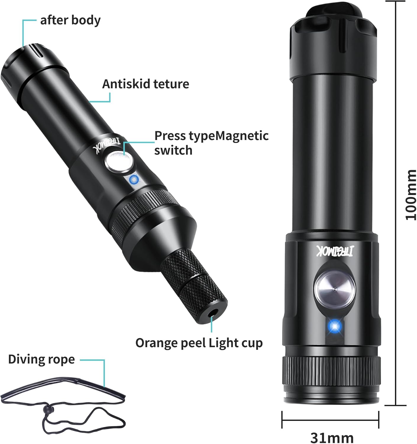 Super Bright Dive Light, IP68 Waterproof Flashlight with 3 Adjustable Beams (3° Spot/24° Flood/72° Wide), for Underwater Photography, Macro Video, Night Diving