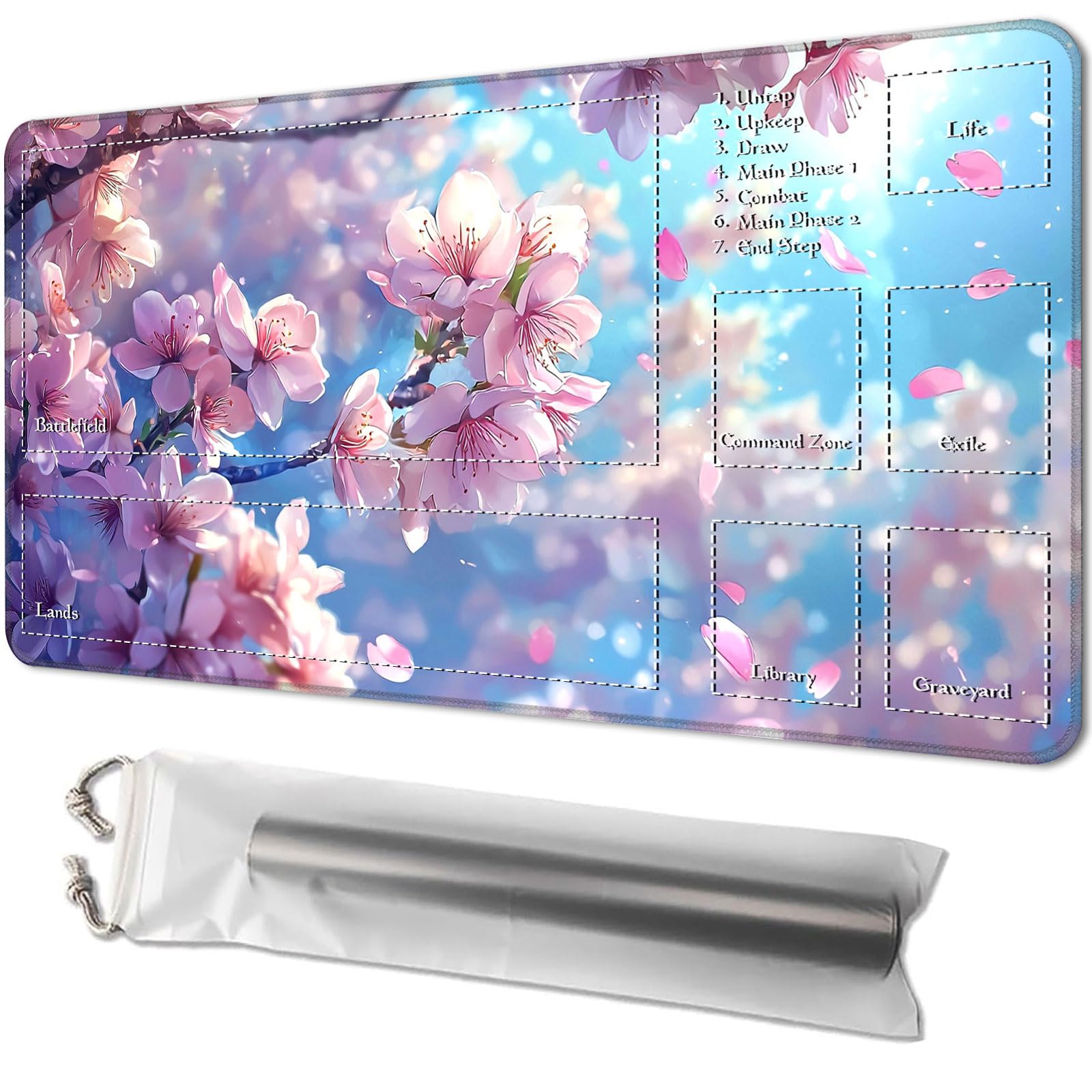 Playmat for MTG, Game Mat 24 x 14 inches, with Free Storage Bags, TCG and Board Game Mat for Cards, Ideal for Card Game Enthusiasts, Cherry Blossoms 02
