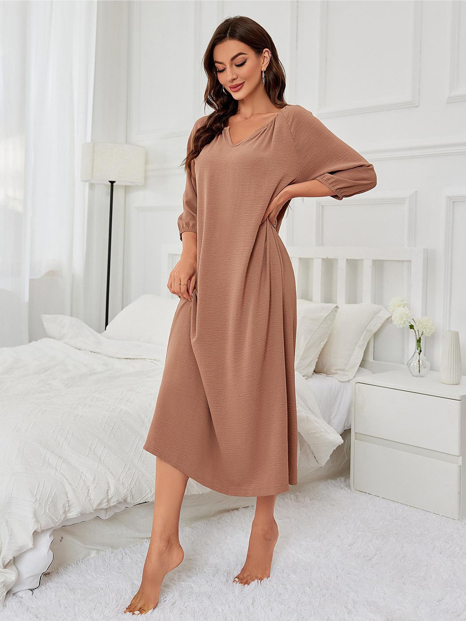 Chemise de Nuit pour Femmes Chemises de Nuit Col en V Chemise de Nuit à Manches Longues Pyjama Confortable Ample