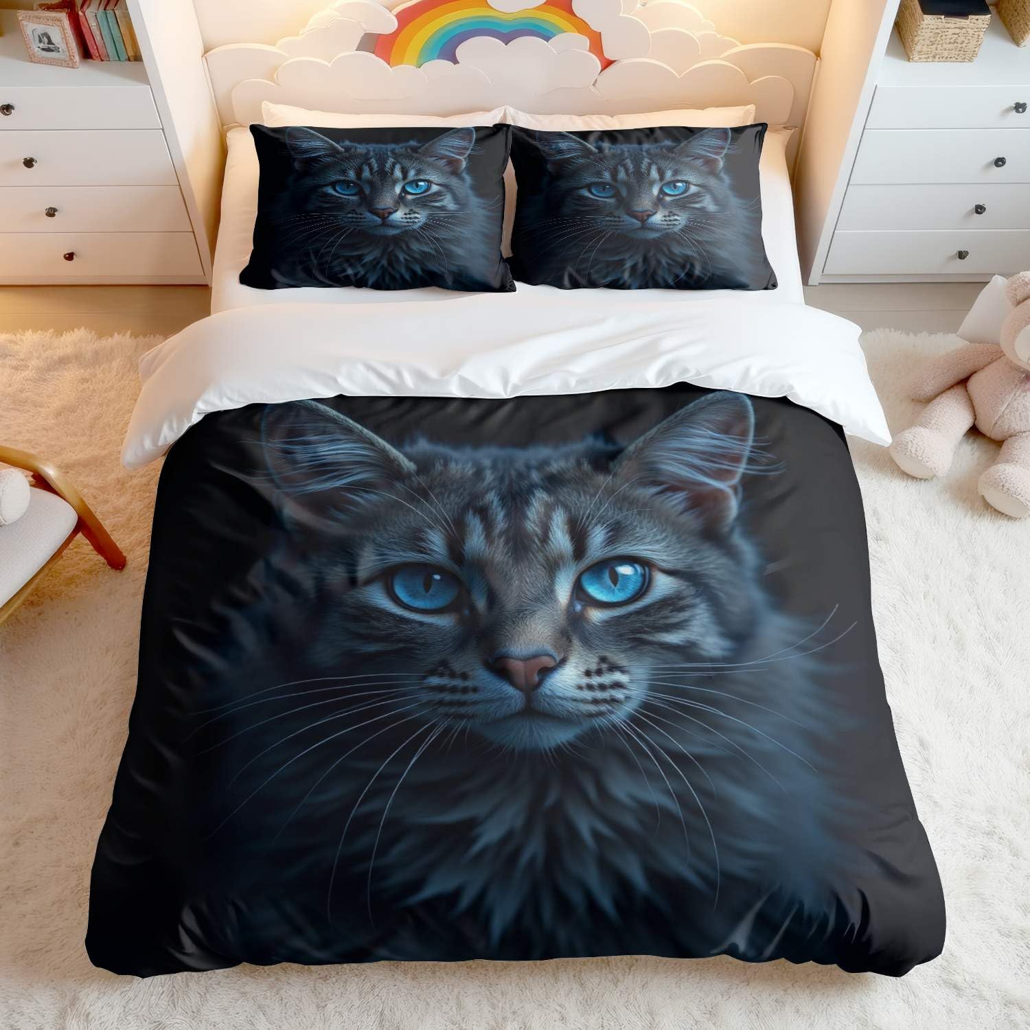 Parure de lit chat 3D et housse de couette grise pour literie de chambre ado