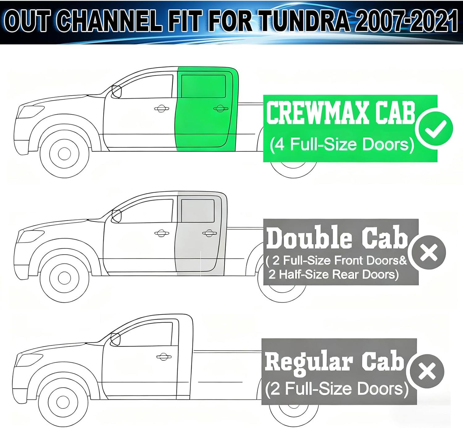 Window Visor Rain Guards for 2007-2021 Toyota Tundra Crewmax Cab Out-Channel Wind Deflector Tape-On Sun Visor Accessories 4PCS (for 07-21)
