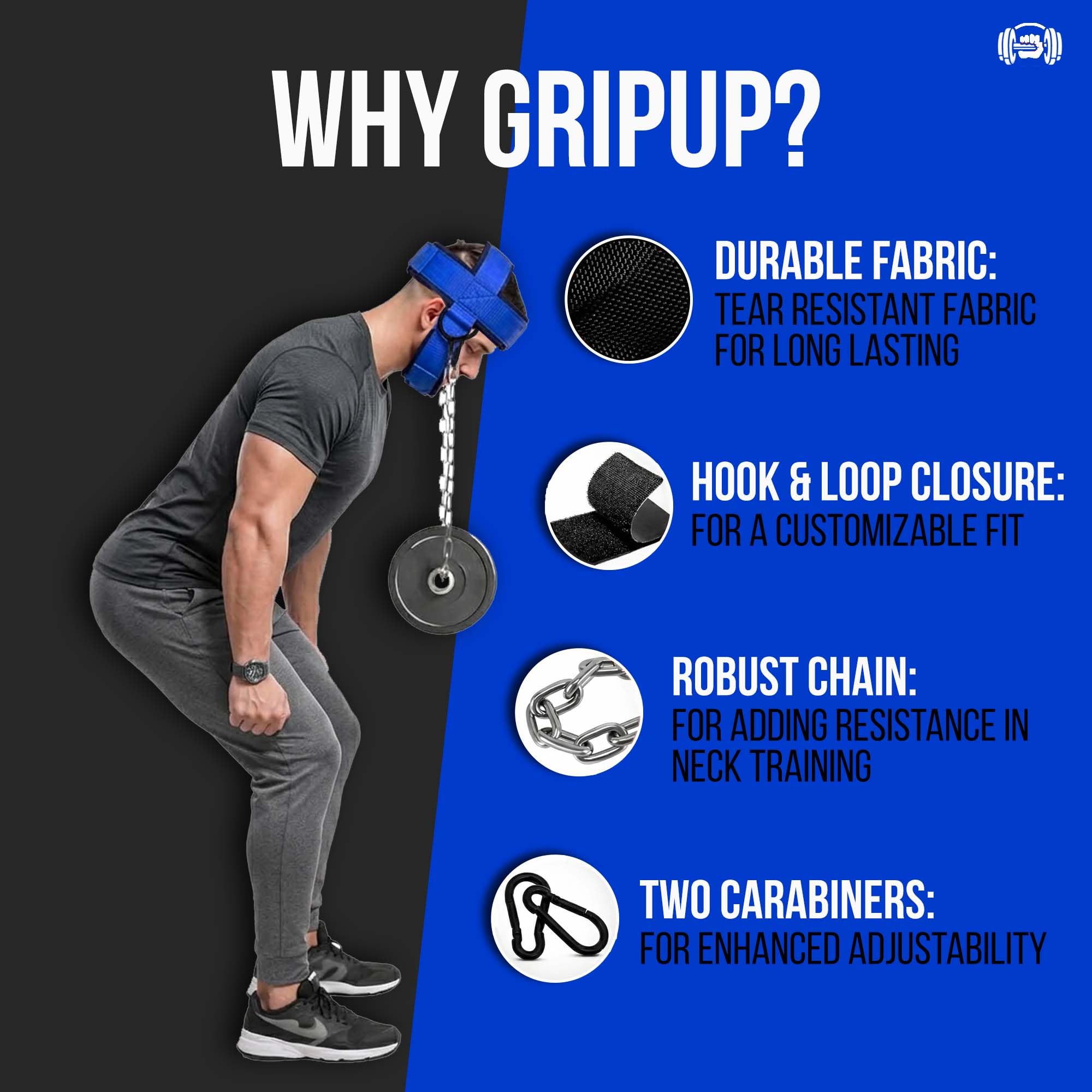 Harnais de cou - Harnais de tête réglable en néoprène avec chaîne en acier et anneaux en D - Musculation, fitness, haltérophilie, MMA - Confort - Musculation